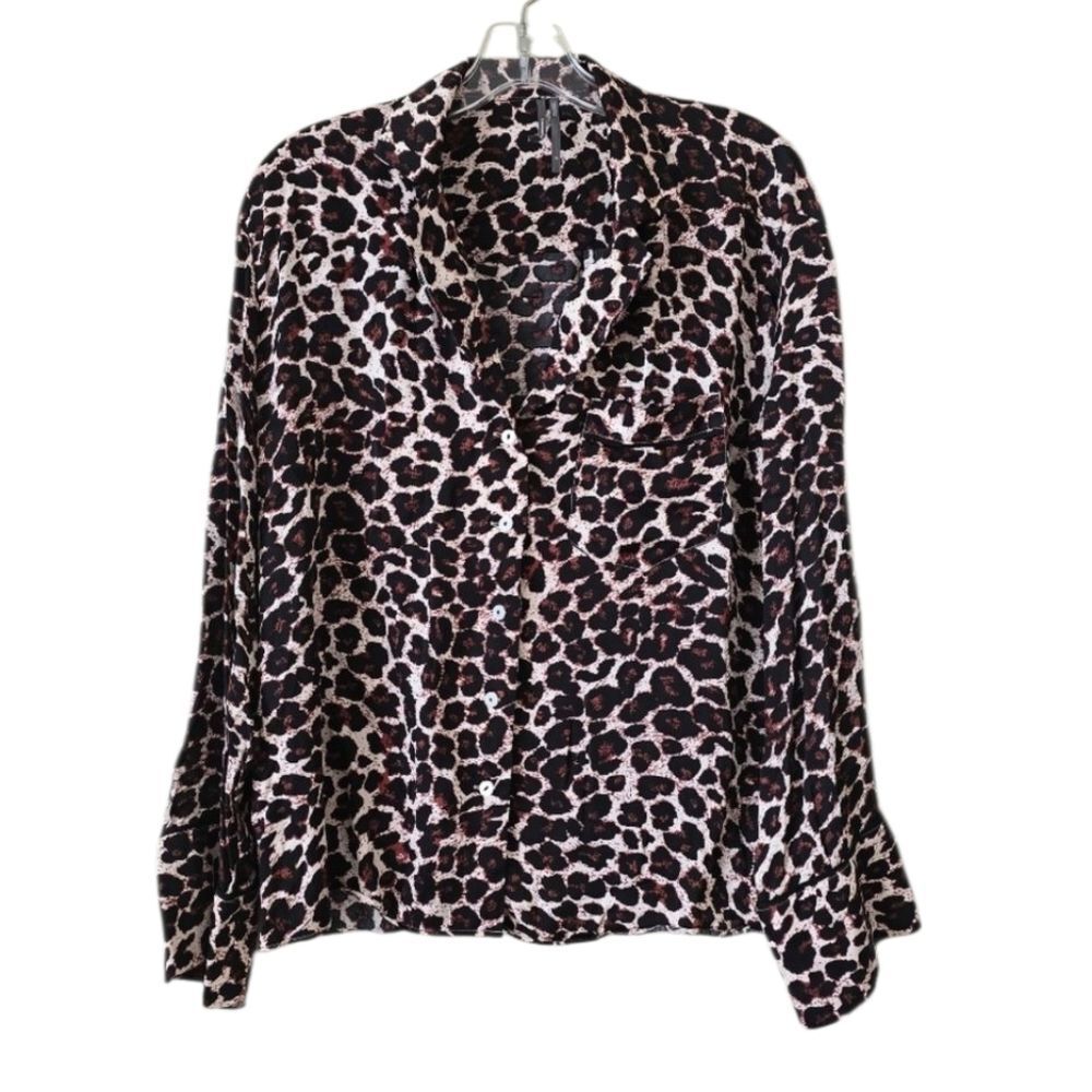 Anthropologie Womens  Black and Brown Animal Print Blouse Button Down Size Small